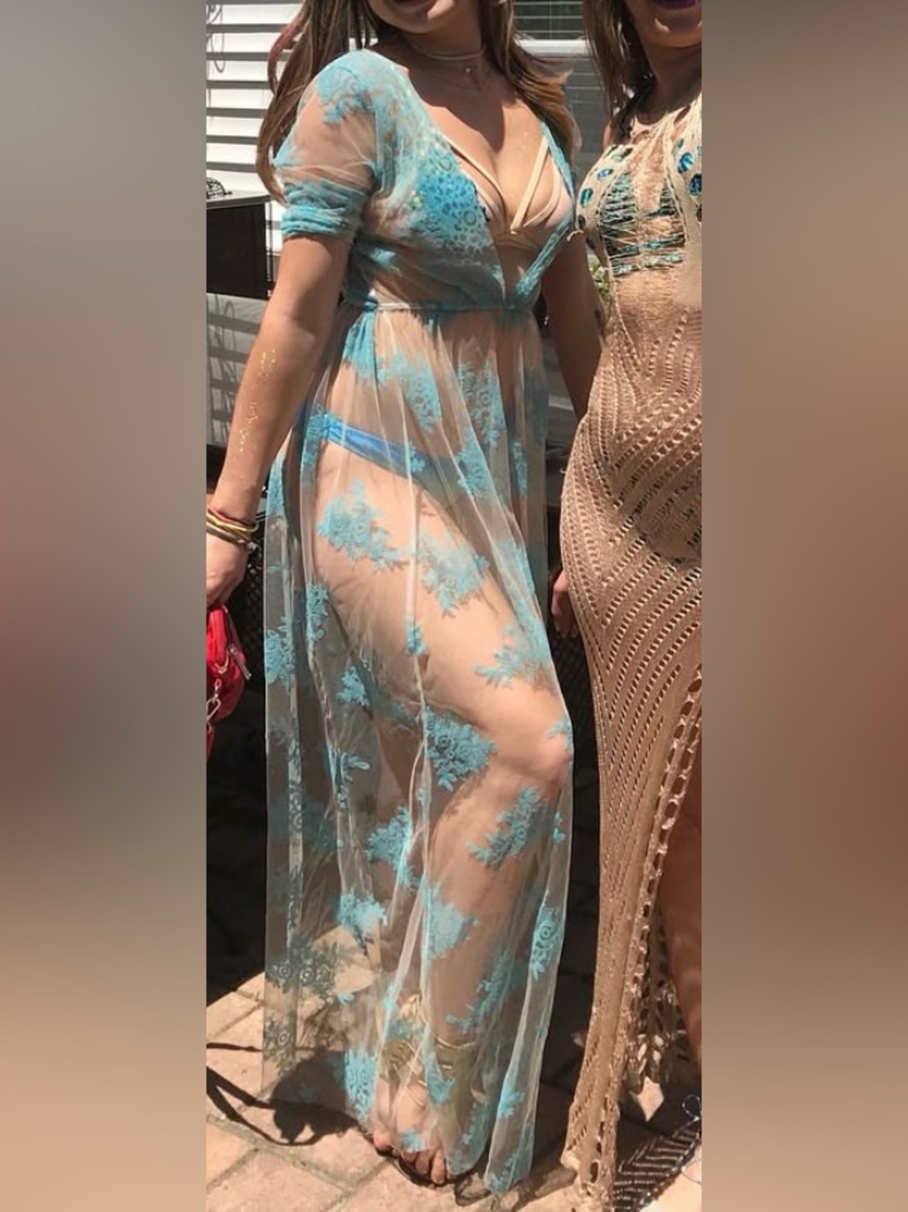 Sheer Mesh Maxi Dress with Turquoise Floral Appliqué